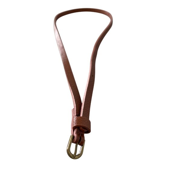 Pebbled Leather Skinny Belt M/L Brown Adjustable Brass Buckle Neutral Everday - Picture 2 of 6